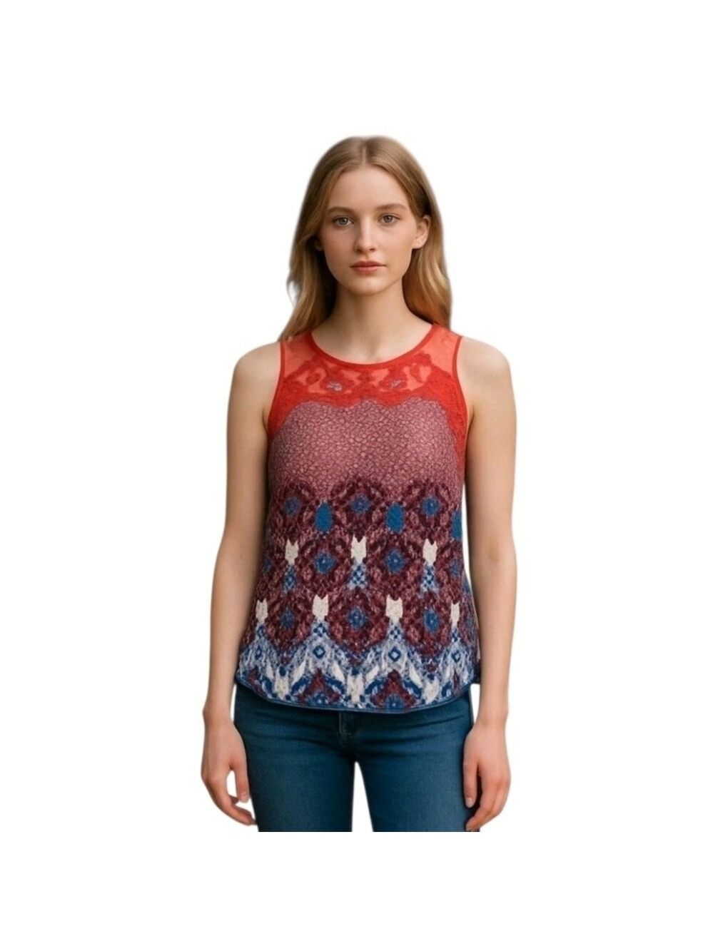 Daniel Rainn Lace Floral Jewel Neck Sleeveless Button Back Blouse Top Size PM